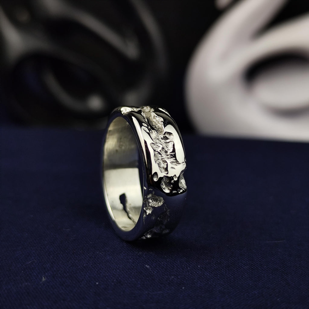 Men's Sterling Silver Ring, Rustic Textured Band with Polished Edges