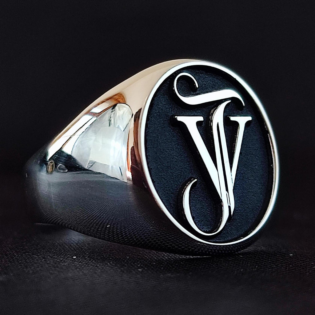 Men's Large Signet Ring with Custom Initials, Sterling Silver Pinky Ring
