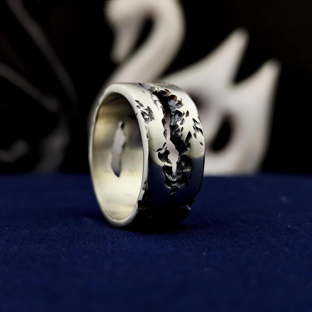 Brutalist Silver Ring, Oxidized Wide Band, Rugged Men's Jewelry
