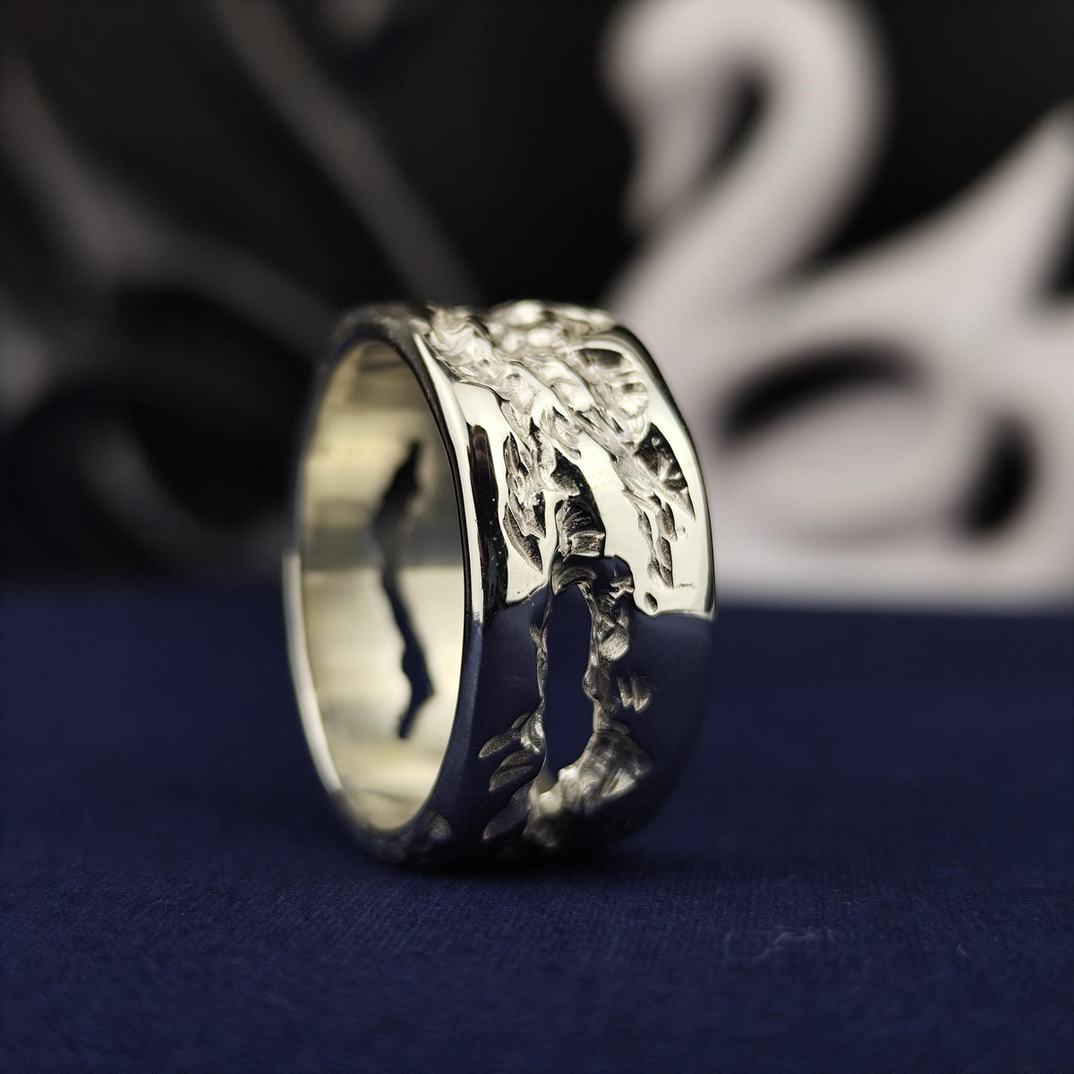 Botanical Silver Ring, Hand Carved Leaf Band, Rustic Unisex Jewelry