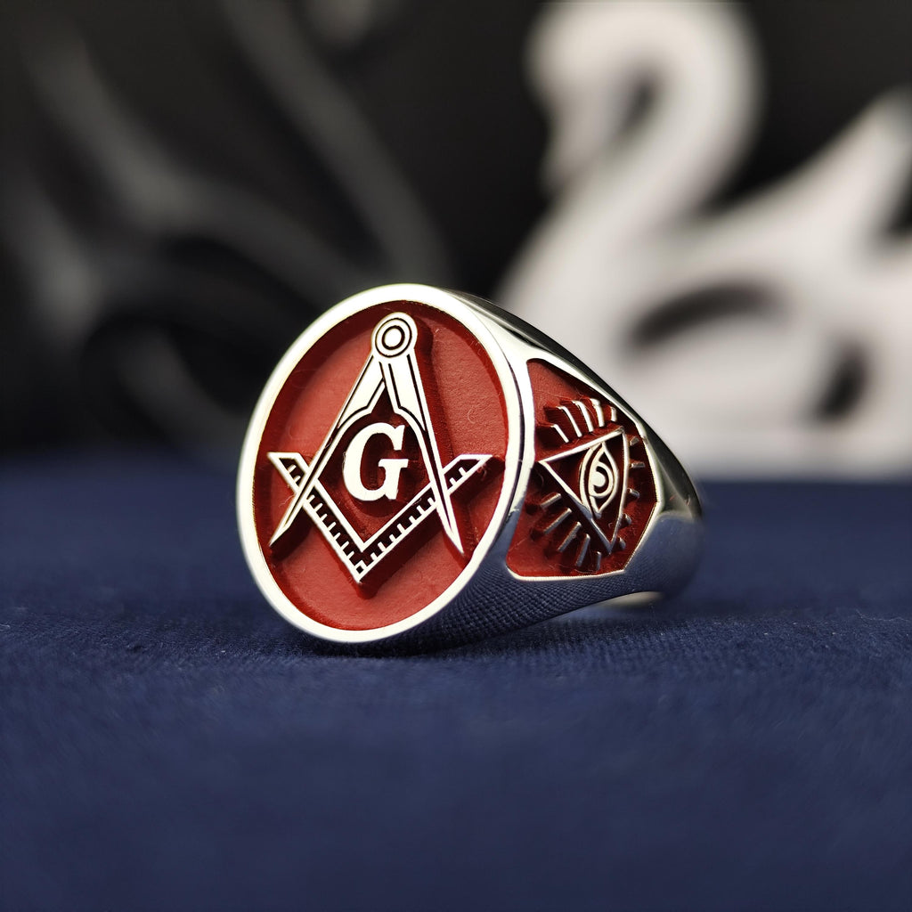 Handcrafted Freemason Ring: Sterling Silver Masonic Signet with Enamel