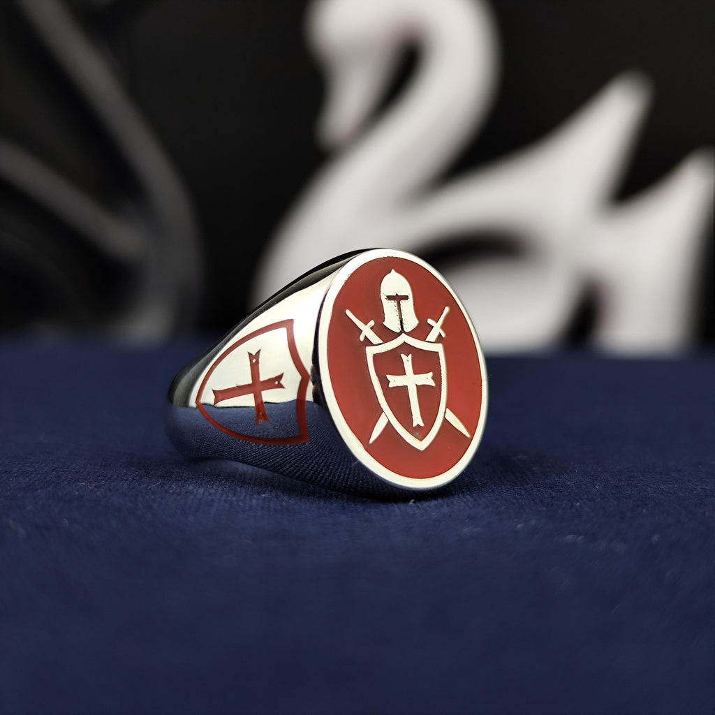 Red Enamel Crusader Shield Signet Ring: 925 Sterling Silver Knight Jewelry