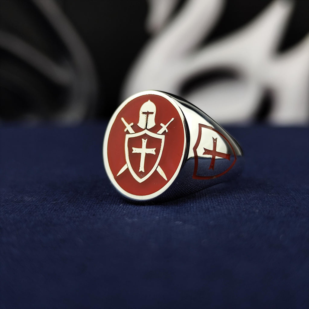 Red Enamel Crusader Shield Signet Ring: 925 Sterling Silver Knight Jewelry