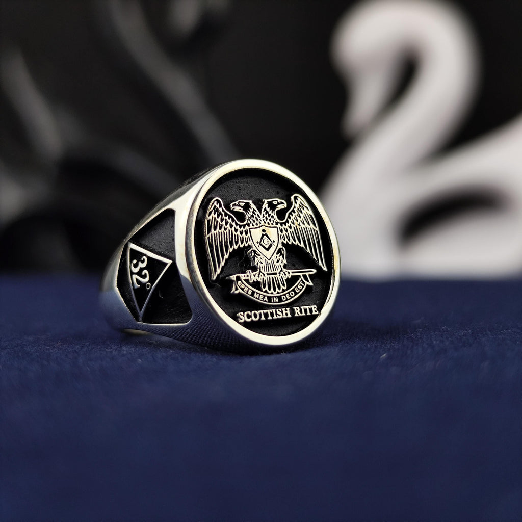 Scottish Rite Masonic Ring, 32nd Degree Double Headed Eagle Signet, Sterling Silver Freemason Gift