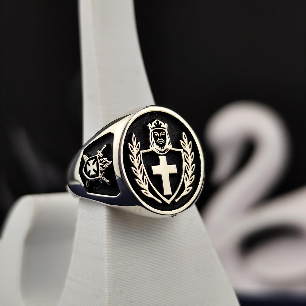 DeMolay Chevalier Ring, 925 Sterling Silver Masonic Signet, Crowned Knight Cross Shield, Fraternal Gift
