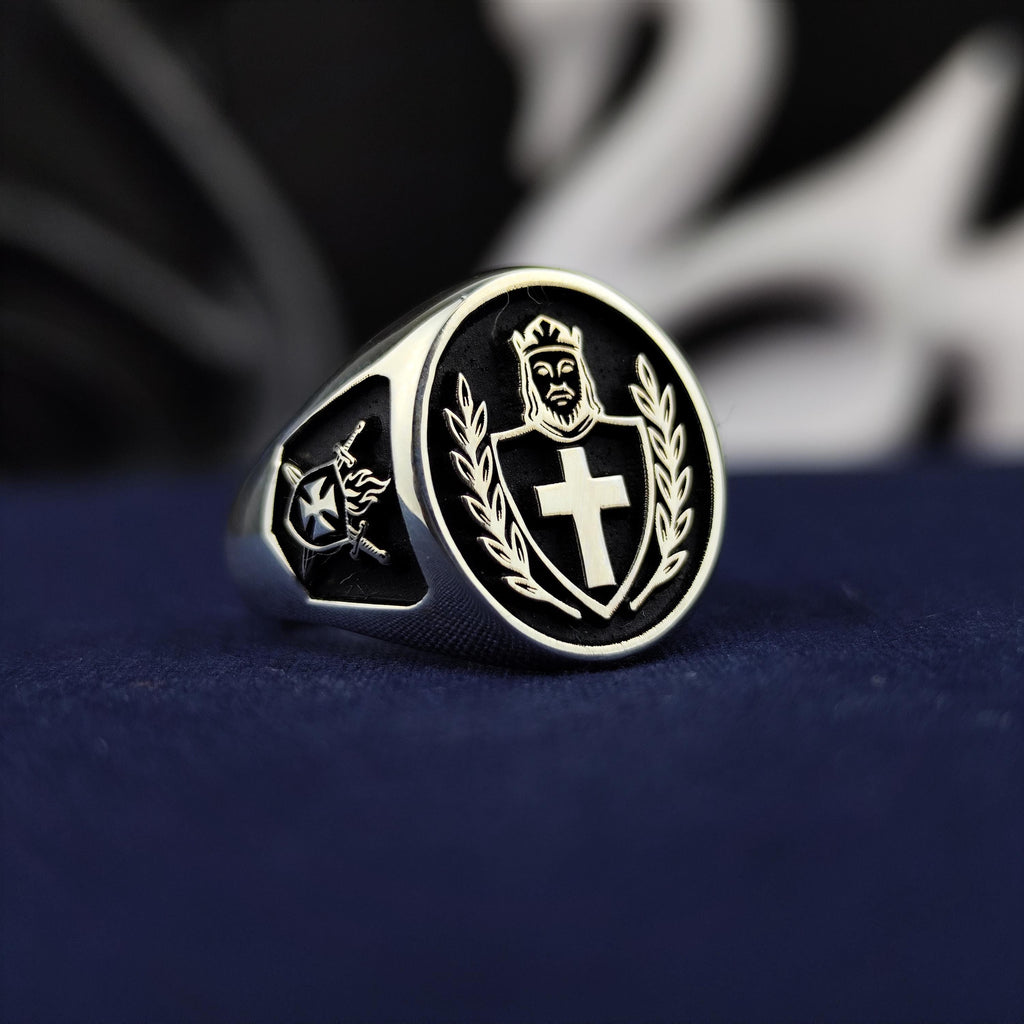 DeMolay Chevalier Ring, 925 Sterling Silver Masonic Signet, Crowned Knight Cross Shield, Fraternal Gift