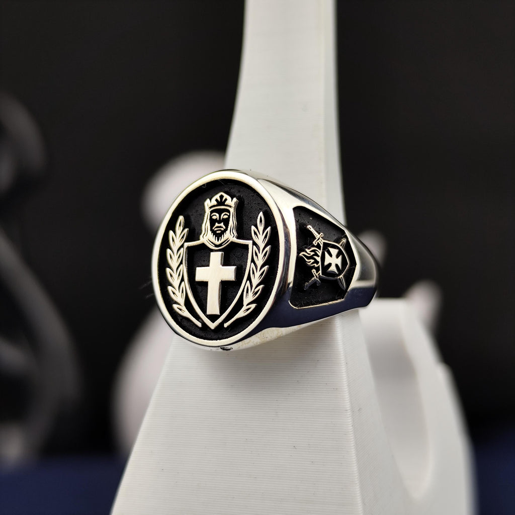 DeMolay Chevalier Ring, 925 Sterling Silver Masonic Signet, Crowned Knight Cross Shield, Fraternal Gift