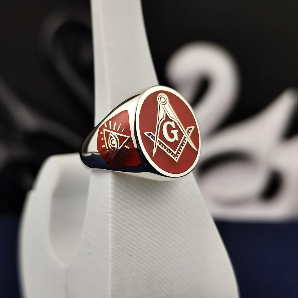 Red Enamel Masonic Signet Ring, Square and Compass G Symbol, Sterling Silver or Gold
