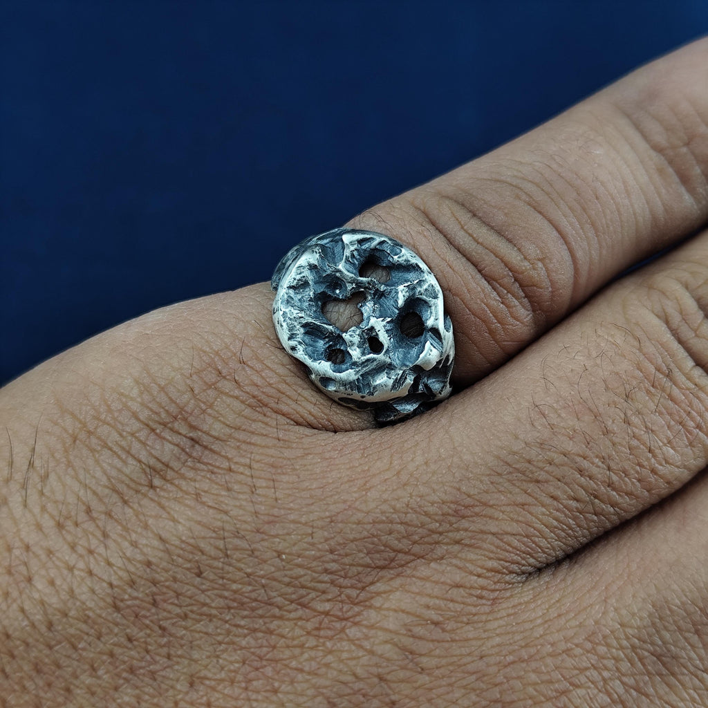 Oxidized Silver Ring, Molten Rock Crater Band, Brutalist Unisex Jewelry