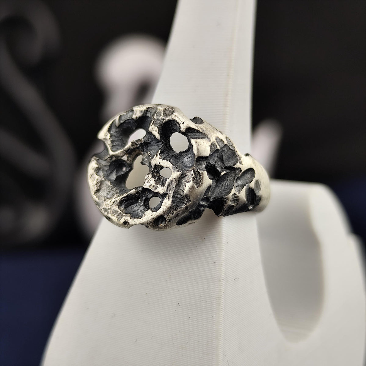 Oxidized Silver Ring, Molten Rock Crater Band, Brutalist Unisex Jewelry