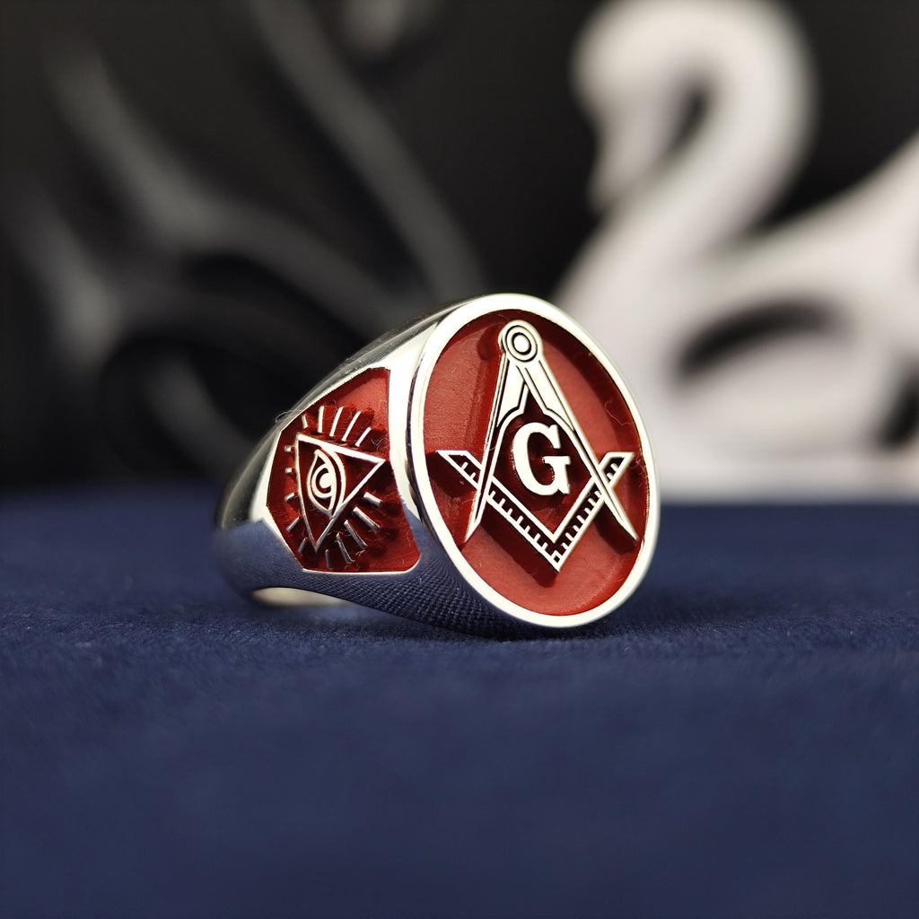 Handcrafted Freemason Ring: Sterling Silver Masonic Signet with Enamel