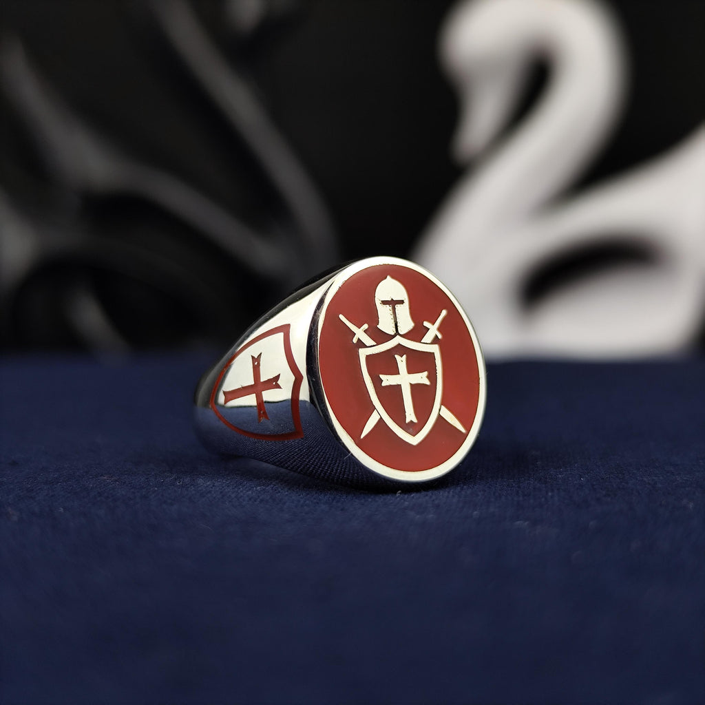 Red Enamel Crusader Shield Signet Ring: 925 Sterling Silver Knight Jewelry