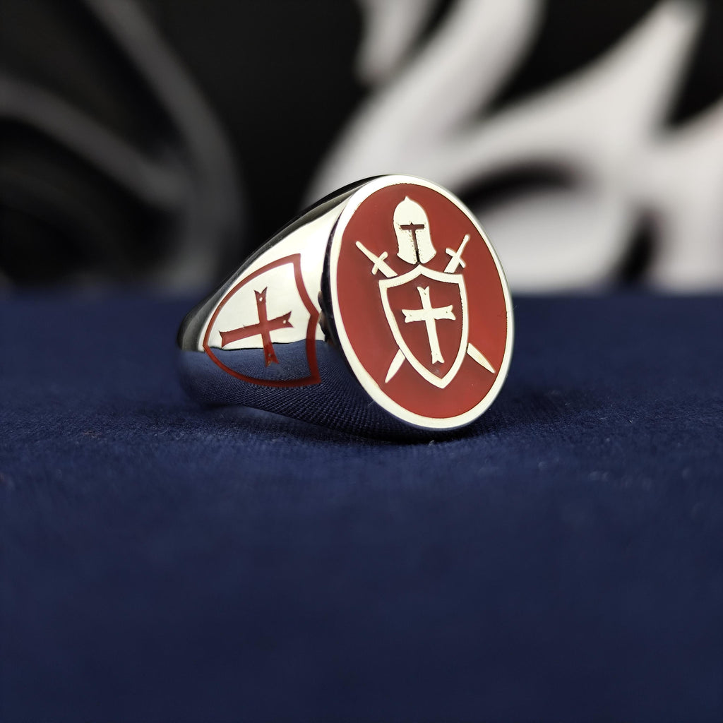 Red Enamel Crusader Shield Signet Ring: 925 Sterling Silver Knight Jewelry