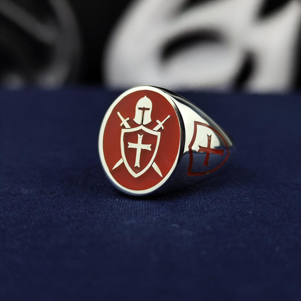 Red Enamel Crusader Shield Signet Ring: 925 Sterling Silver Knight Jewelry