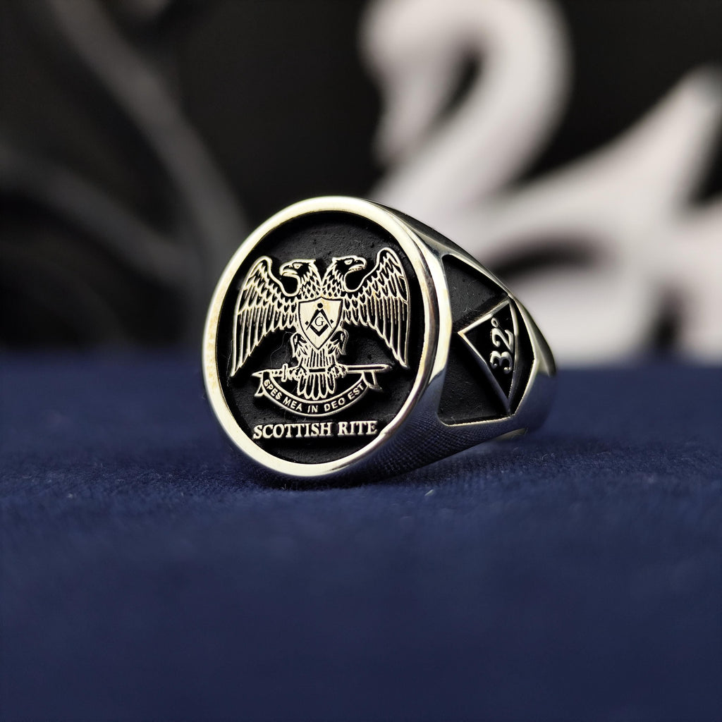 Scottish Rite Masonic Ring, 32nd Degree Double Headed Eagle Signet, Sterling Silver Freemason Gift