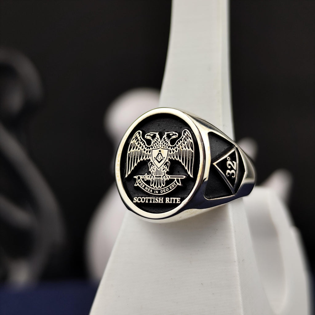 Scottish Rite Masonic Ring, 32nd Degree Double Headed Eagle Signet, Sterling Silver Freemason Gift