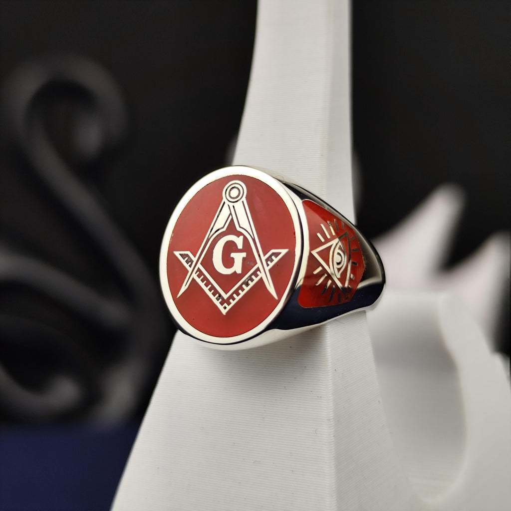 Red Enamel Masonic Signet Ring, Square and Compass G Symbol, Sterling Silver or Gold