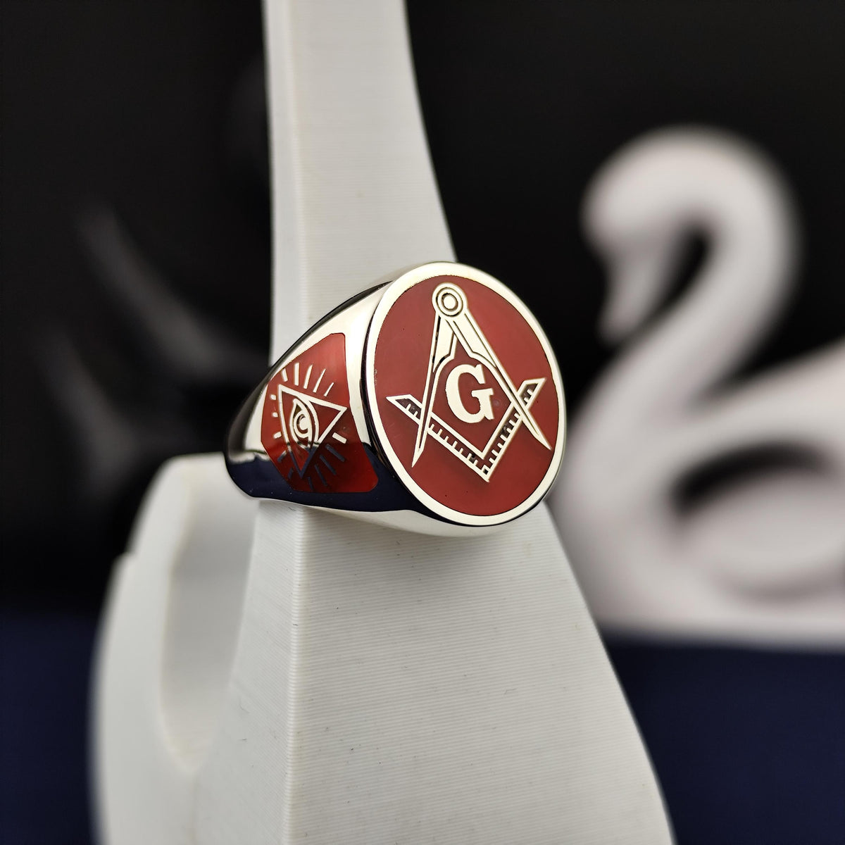 Red Enamel Masonic Signet Ring, Square and Compass G Symbol, Sterling Silver or Gold
