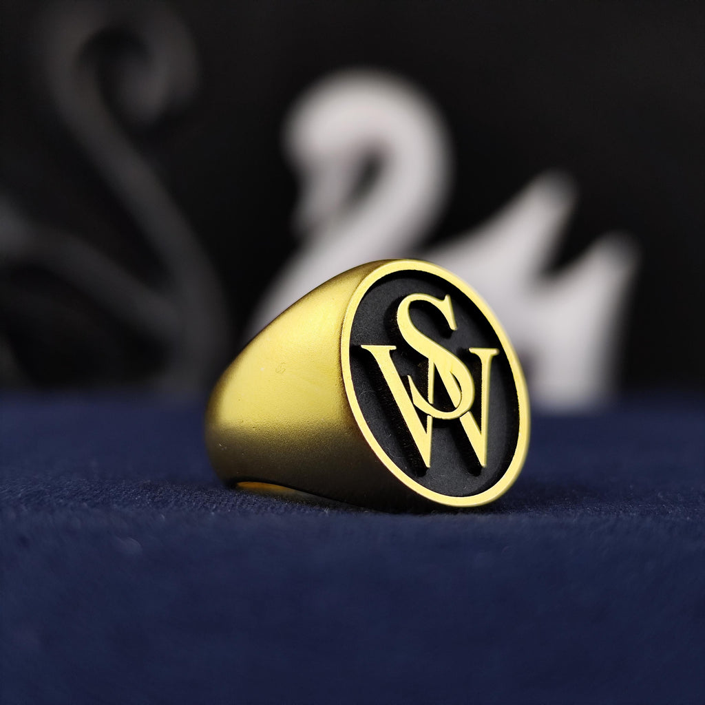 Monogram Ring with Two Initials, Black Enamel Round Signet in Sterling Silver or Gold