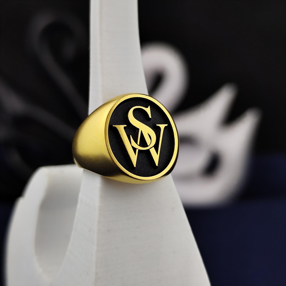 Monogram Ring with Two Initials, Black Enamel Round Signet in Sterling Silver or Gold