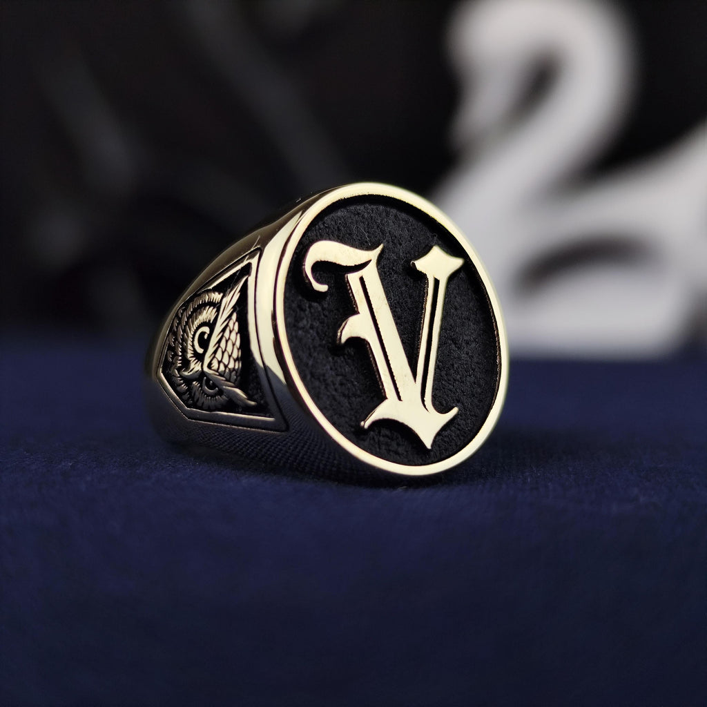 10K Gold Custom Initial Signet Ring, Gothic Letter Owl Symbol