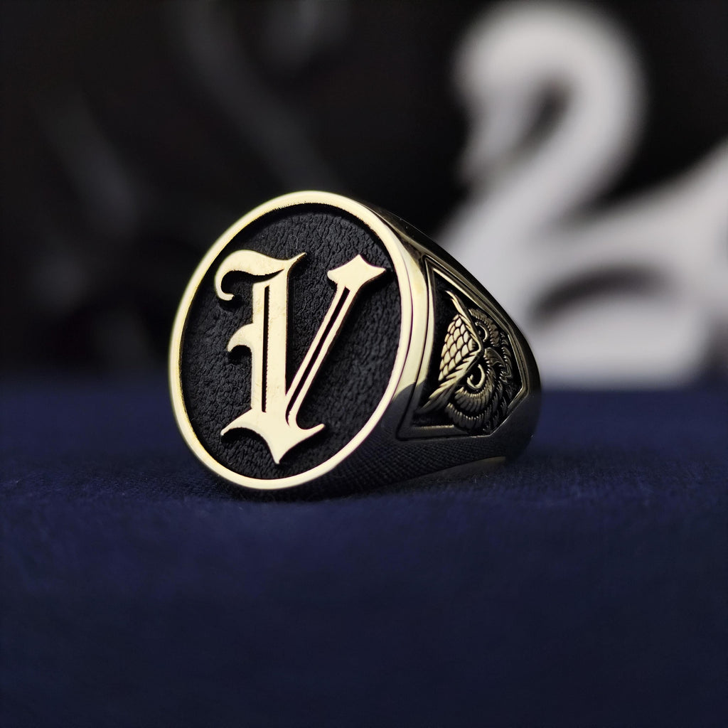 10K Gold Custom Initial Signet Ring, Gothic Letter Owl Symbol