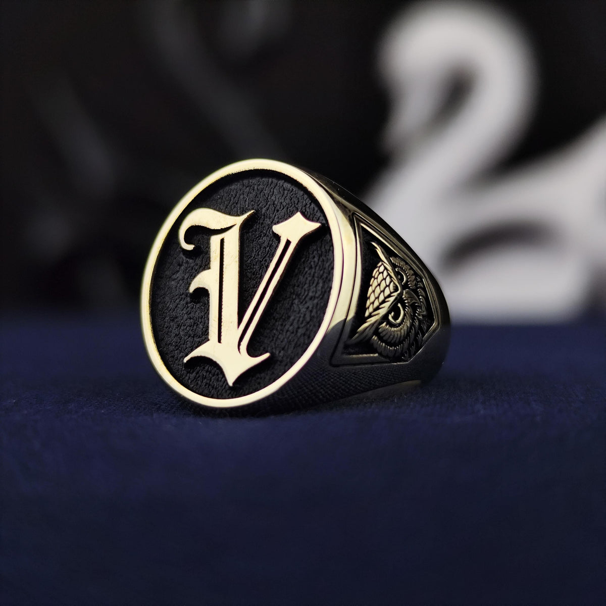 10K Gold Custom Initial Signet Ring, Gothic Letter Owl Symbol