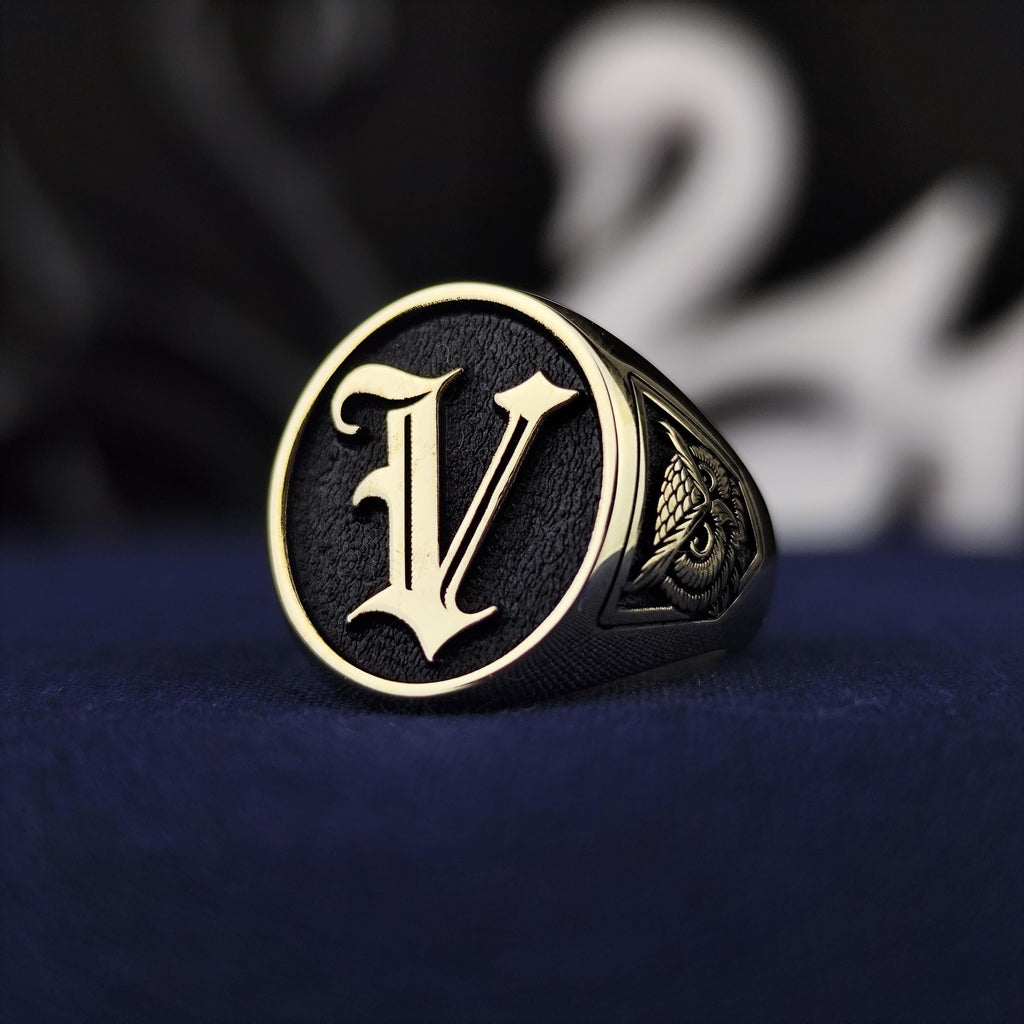 10K Gold Custom Initial Signet Ring, Gothic Letter Owl Symbol