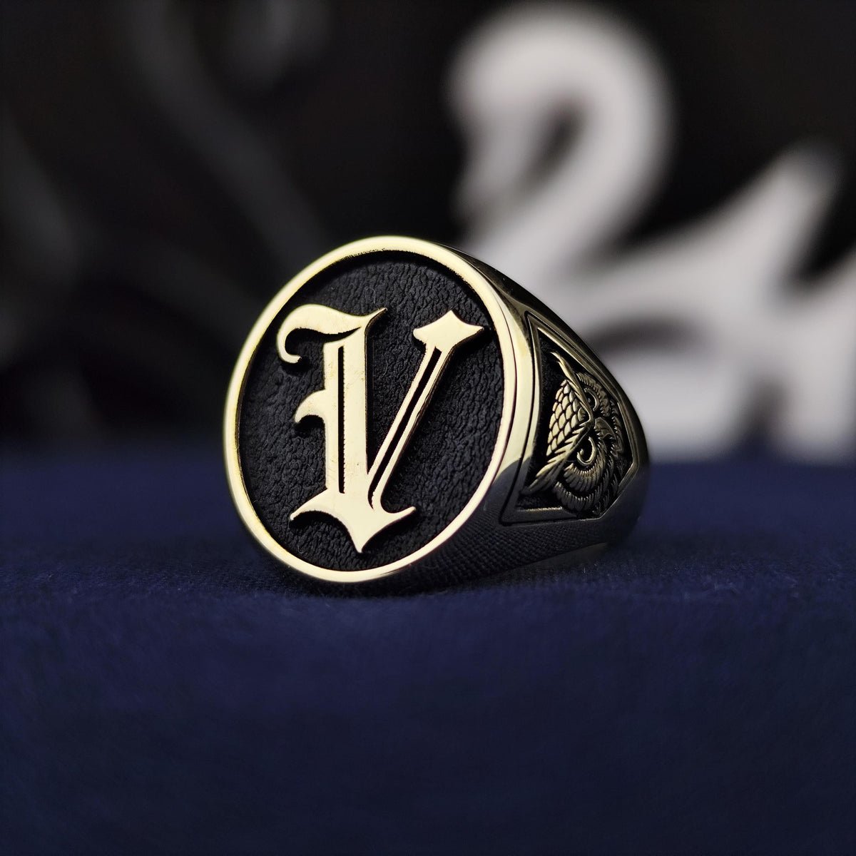 10K Gold Custom Initial Signet Ring, Gothic Letter Owl Symbol