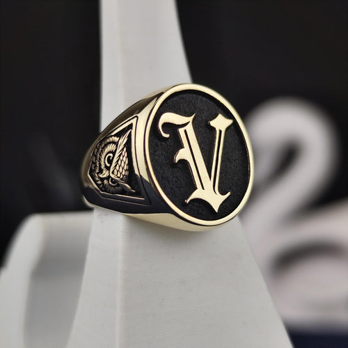 10K Gold Custom Initial Signet Ring, Gothic Letter Owl Symbol