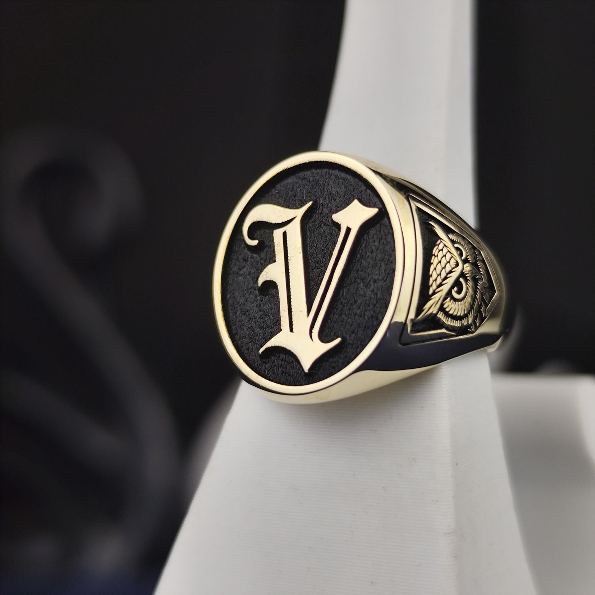 10K Gold Custom Initial Signet Ring, Gothic Letter Owl Symbol