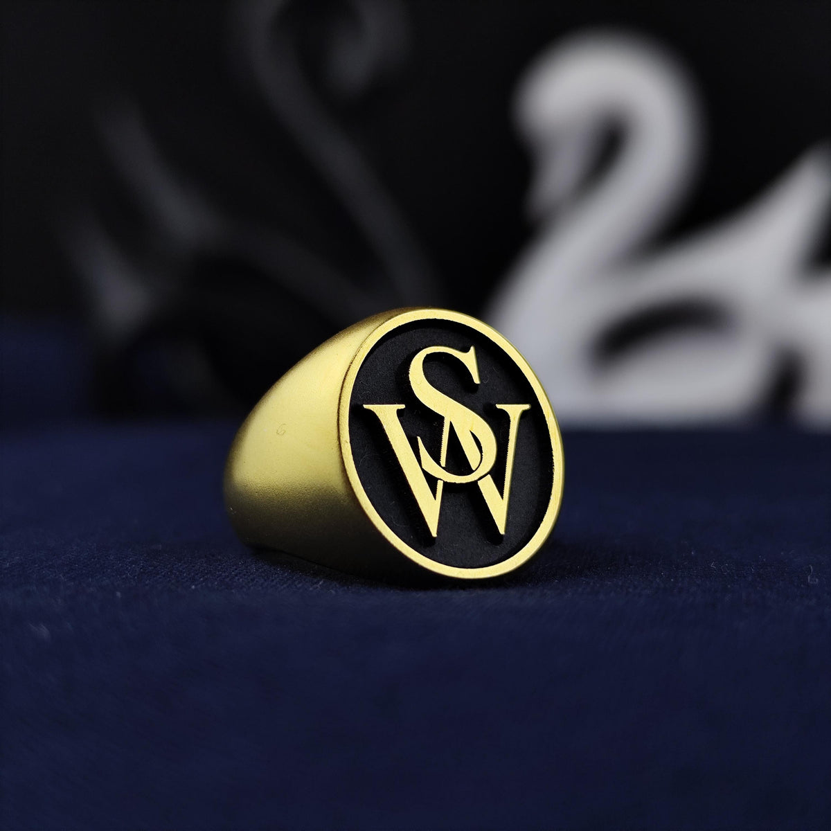 Monogram Ring with Two Initials, Black Enamel Round Signet in Sterling Silver or Gold