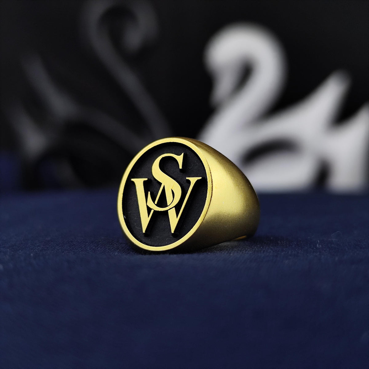 Monogram Ring with Two Initials, Black Enamel Round Signet in Sterling Silver or Gold