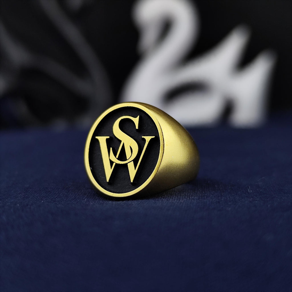 Monogram Ring with Two Initials, Black Enamel Round Signet in Sterling Silver or Gold