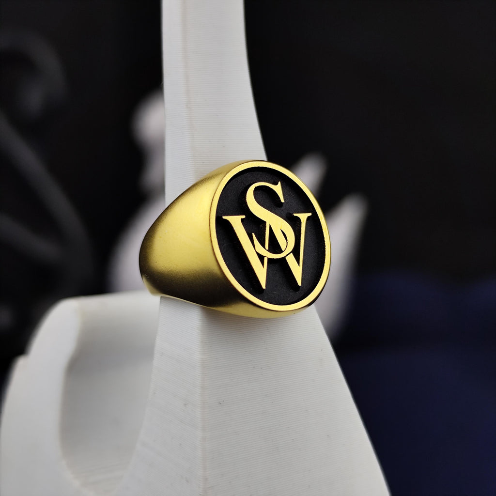Monogram Ring with Two Initials, Black Enamel Round Signet in Sterling Silver or Gold