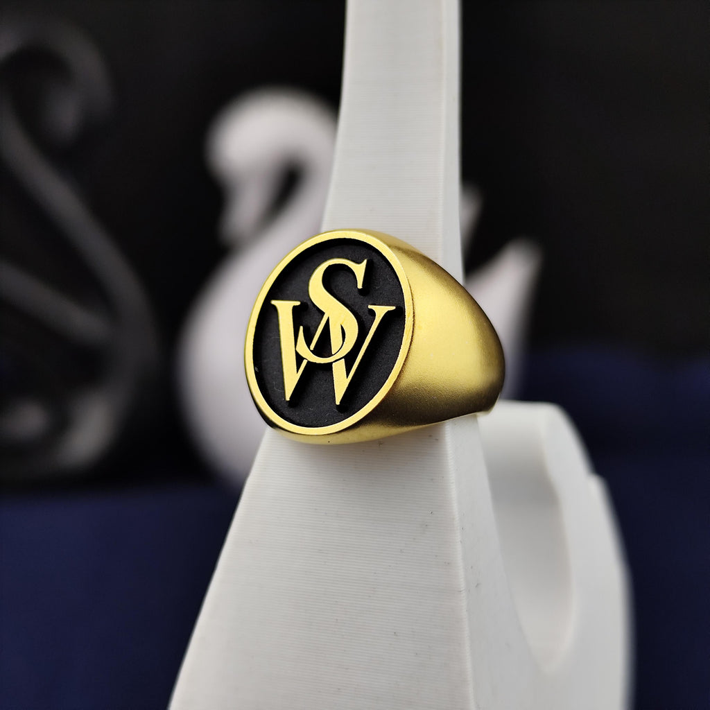 Monogram Ring with Two Initials, Black Enamel Round Signet in Sterling Silver or Gold