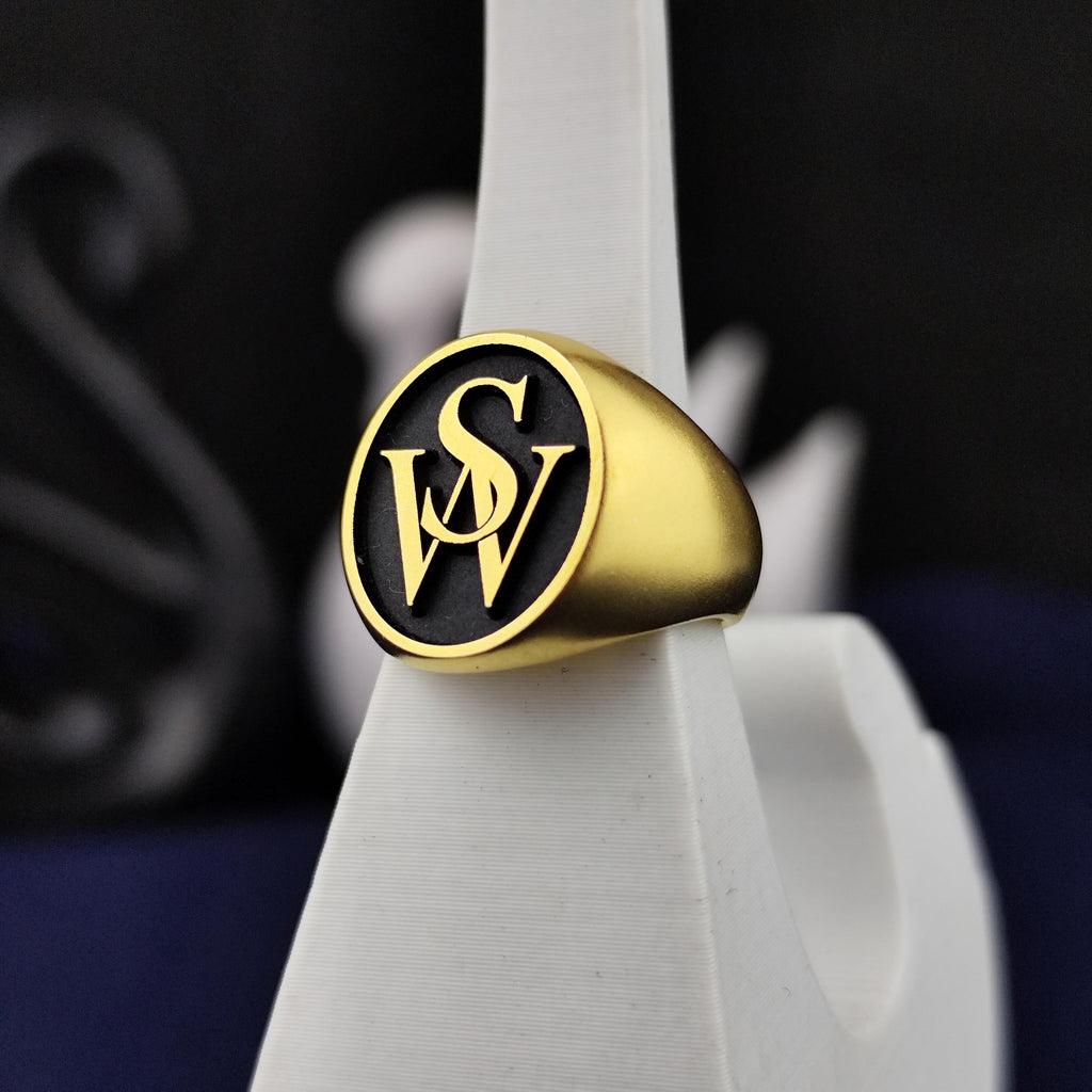 Monogram Ring with Two Initials, Black Enamel Round Signet in Sterling Silver or Gold