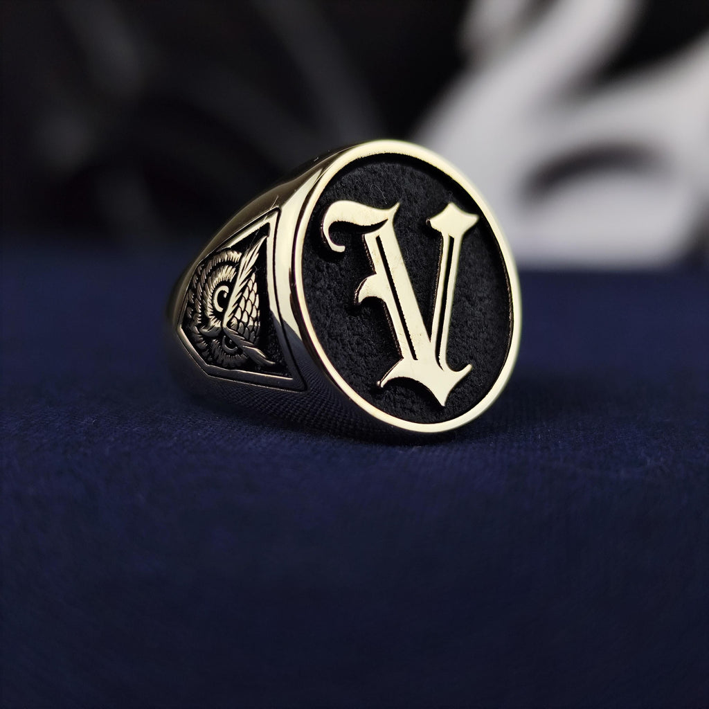 10K Gold Custom Initial Signet Ring, Gothic Letter Owl Symbol