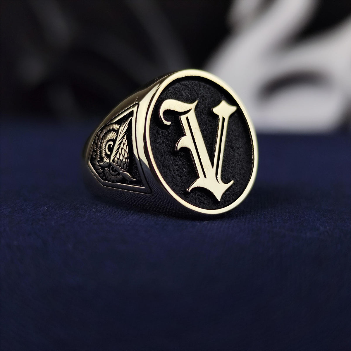10K Gold Custom Initial Signet Ring, Gothic Letter Owl Symbol