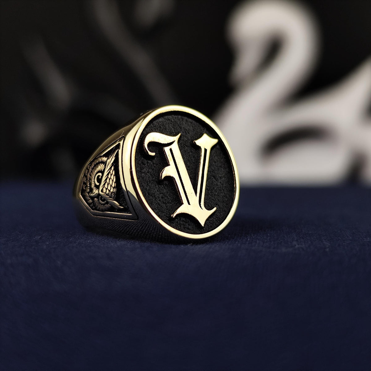 10K Gold Custom Initial Signet Ring, Gothic Letter Owl Symbol