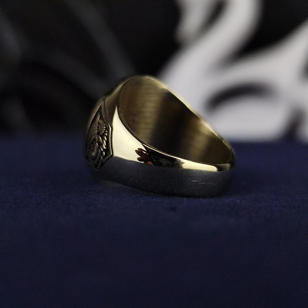 10K Gold Custom Initial Signet Ring, Gothic Letter Owl Symbol