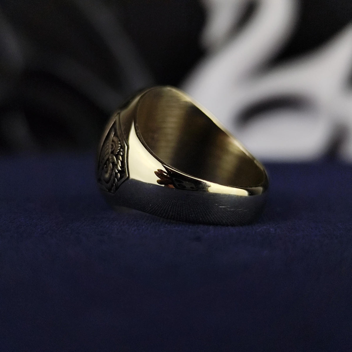 10K Gold Custom Initial Signet Ring, Gothic Letter Owl Symbol