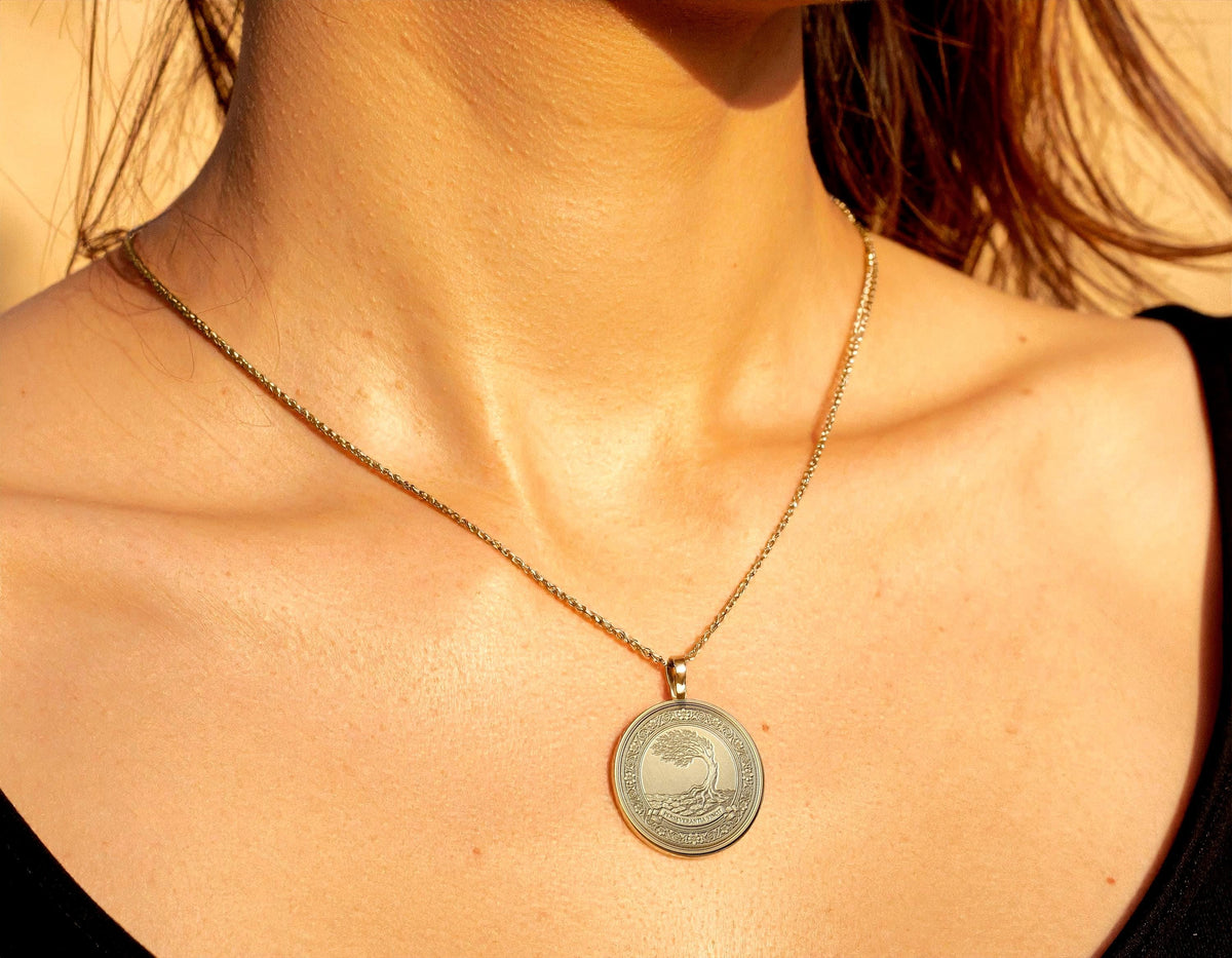 Perseverantia Vincit Necklace, Tree of Life Pendant, Latin Motto Medallion, Perseverance Conquers Jewelry