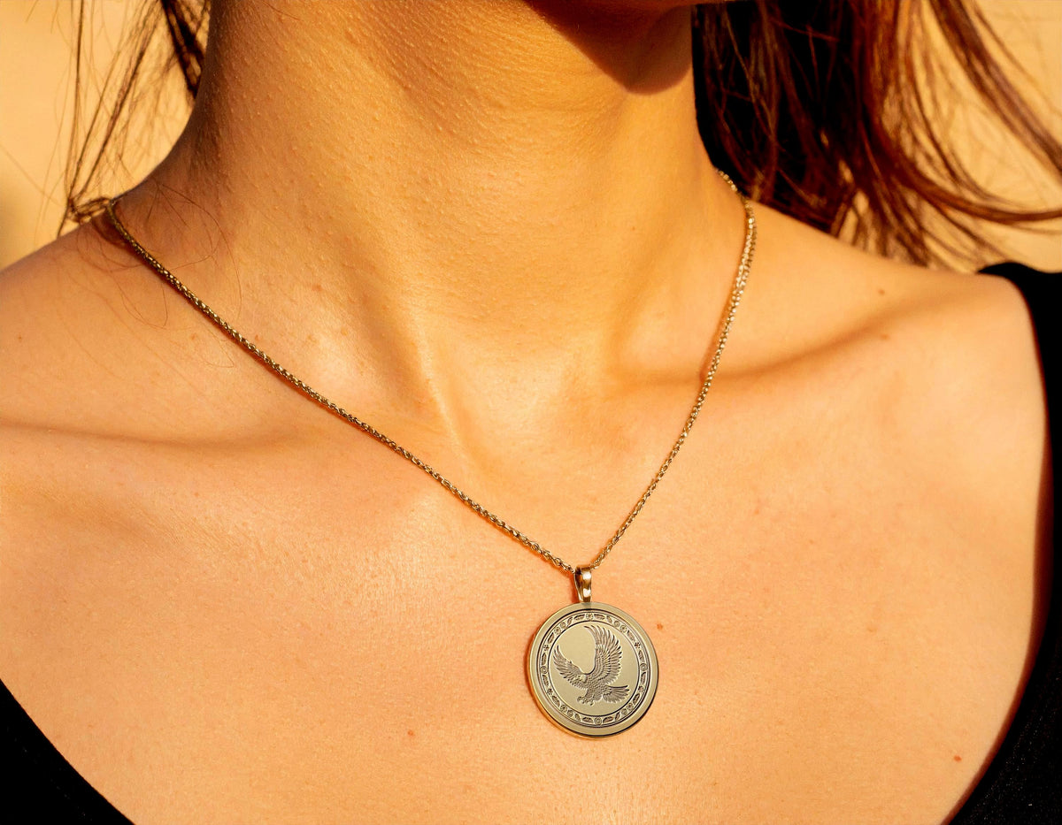 Gold Eagle Spirit Pendant , Silver Sacred Totem of Freedom, Vision, and Strength