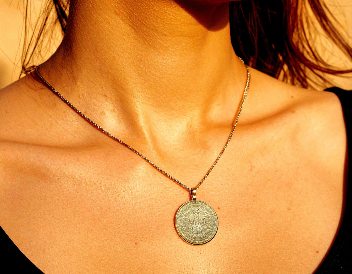 Egyptian Bastet Winged Cat Pendant – Sacred Ankh Protection Medallion