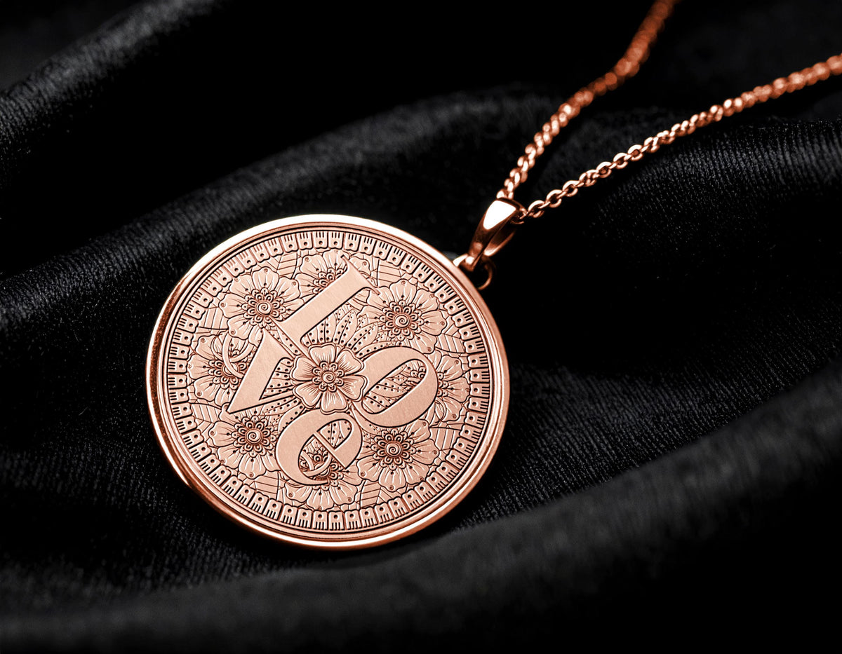 Gold Love Mandala Pendant Necklace – Floral Coin Medallion Jewelry