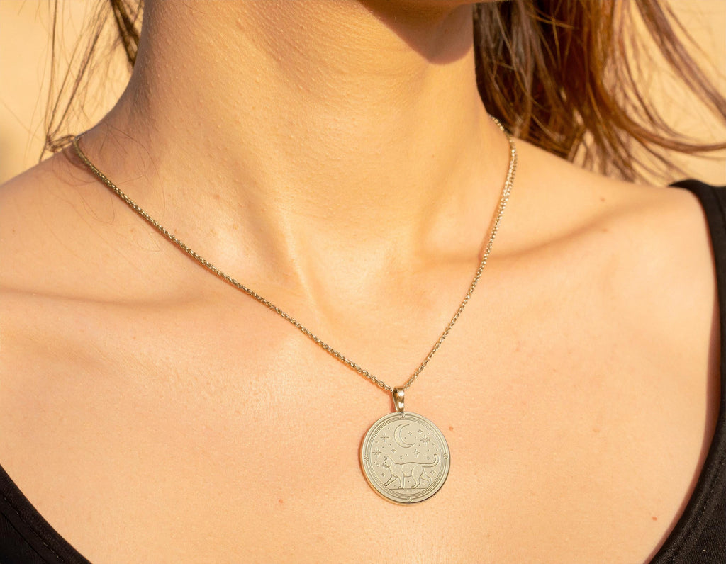 14K Gold Cat Necklace, Handmade Coin Pendant, Animal Jewelry