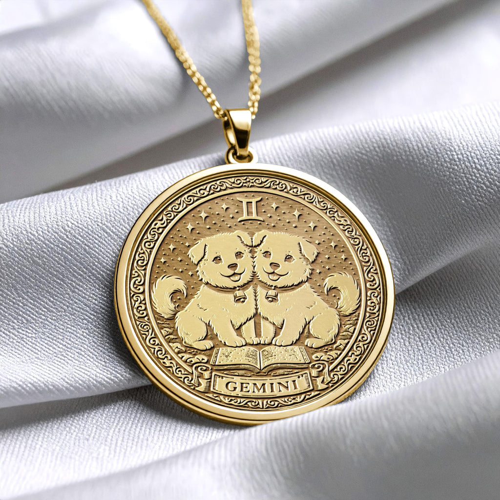 Gemini Zodiac Dog Charm Necklace – 925 Sterling Silver, Gold Plated