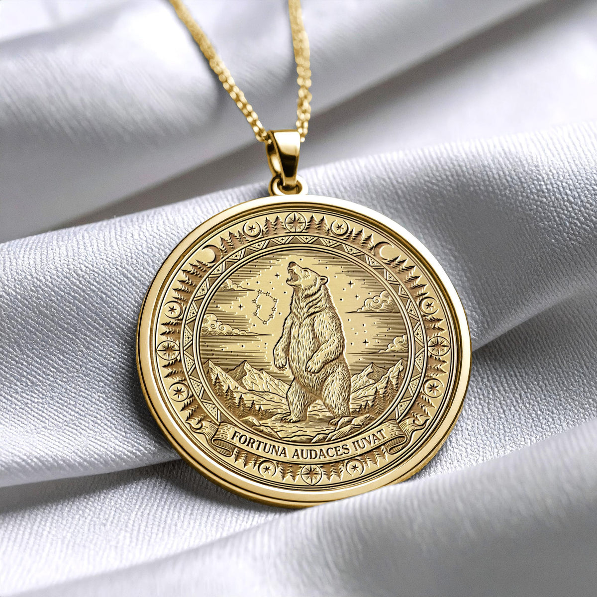 Fortuna Audaces Iuvat Pendant: Bear Necklace, Latin Motto Amulet