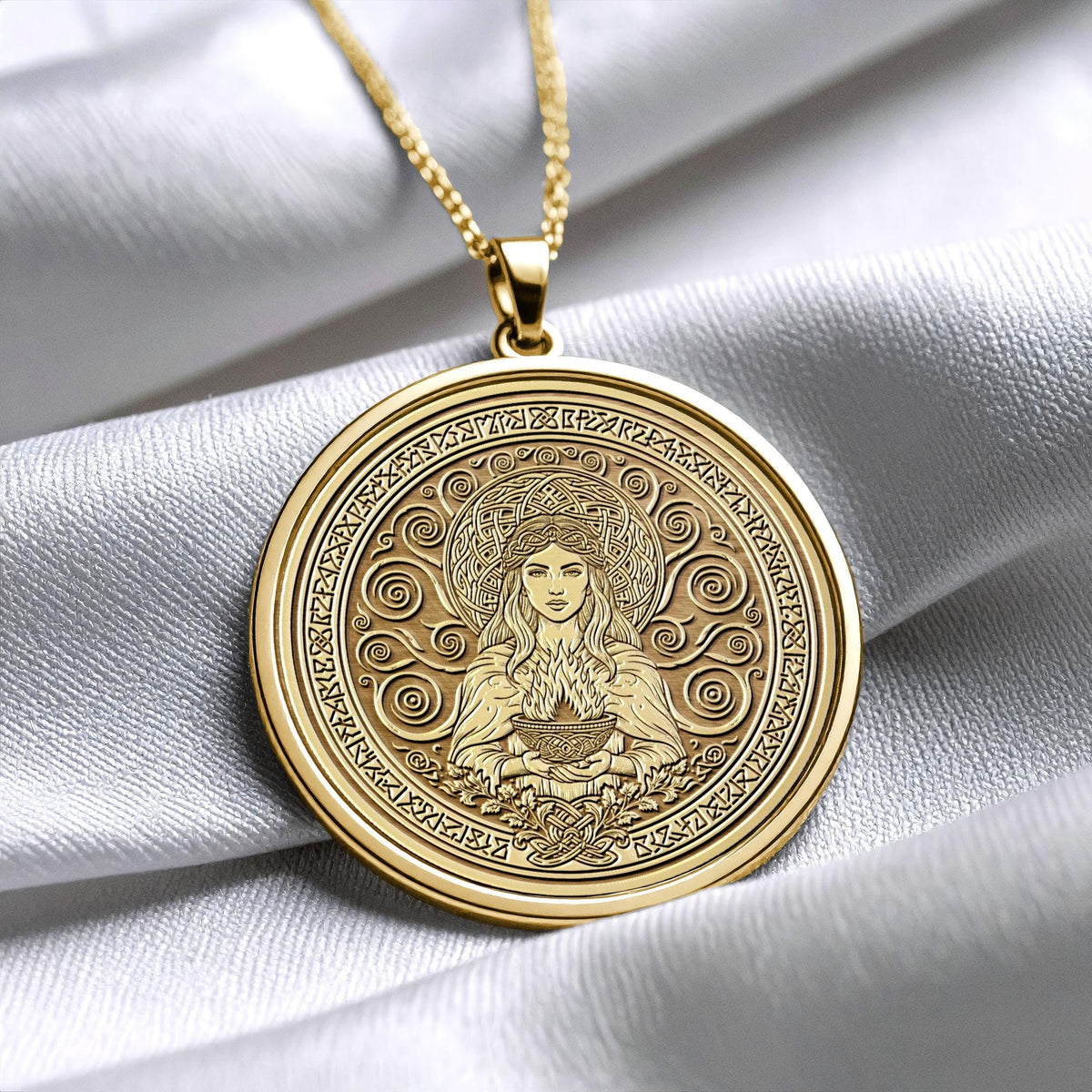 Celtic Goddess Brighid Necklace , Inspiration and Healing Medallion , Sacred Fire Pendant